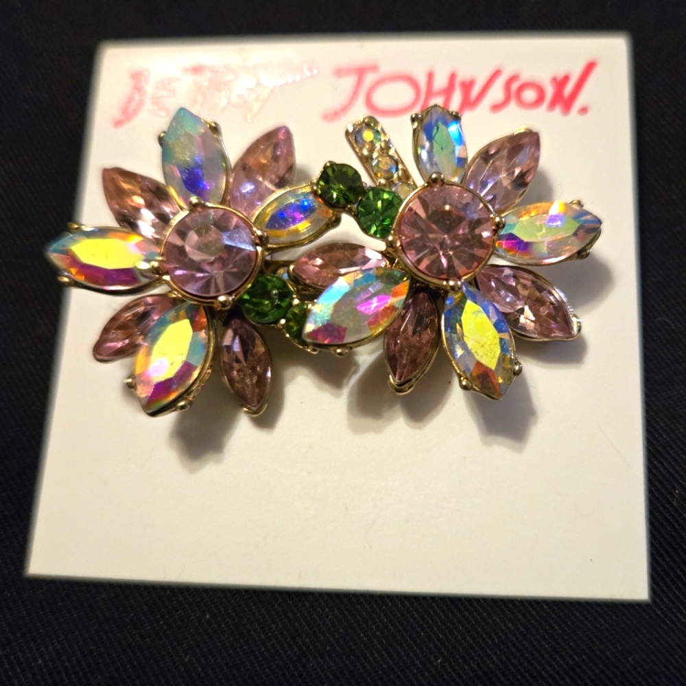 Betsey Johnson Pink and Green Floral Earrings with Crystal Finish